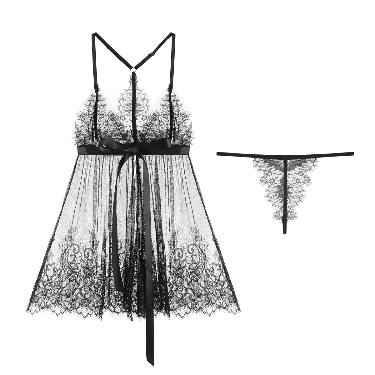 Lingerie - Alluring V-Neck Chemise: Sheer Lace Teddy with Playful Bow Details