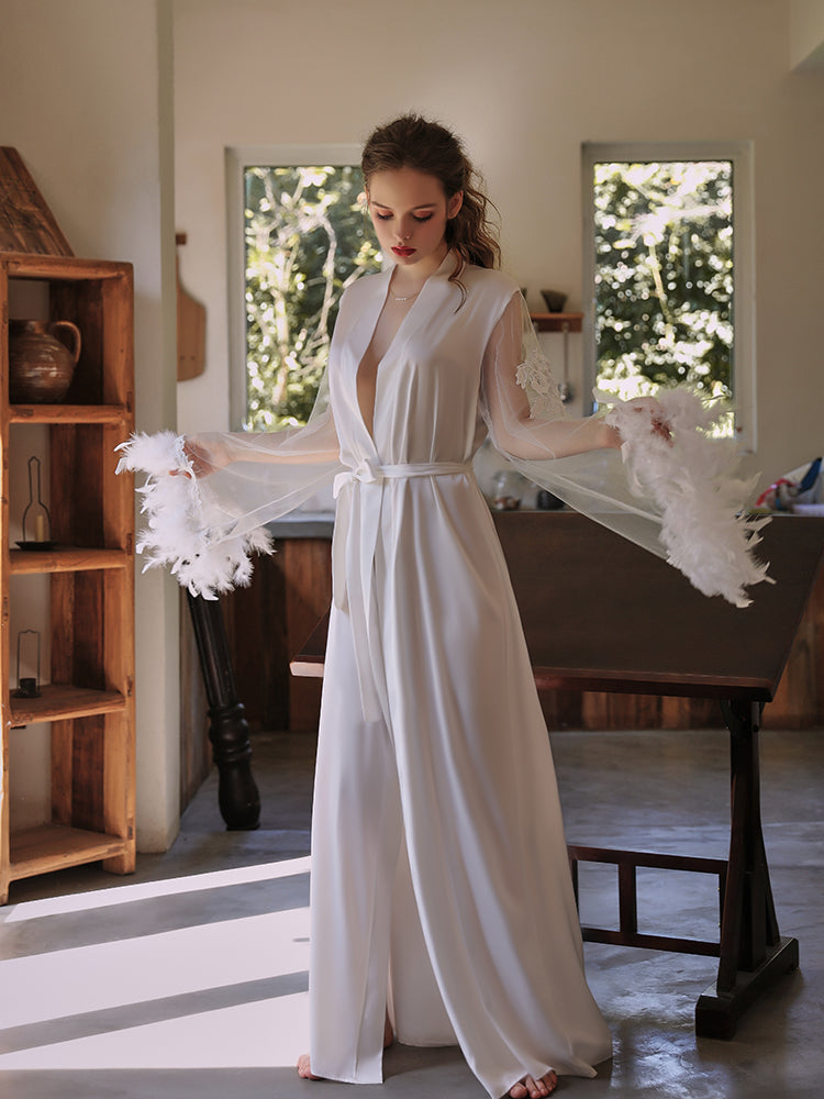 INJOY Lingerie – White Satin-Like Mesh Robe with Embroidered Feather Cuffs