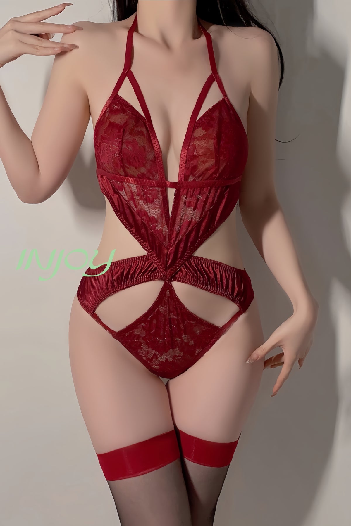 INJOY Women Lingerie Bold Red Lace Bodysuit: Sheer Mesh & Open-Back Confidence