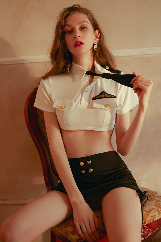 INJOY Lingerie Flight Attendant Costume Set – Cropped Top, Skirt & Tie
