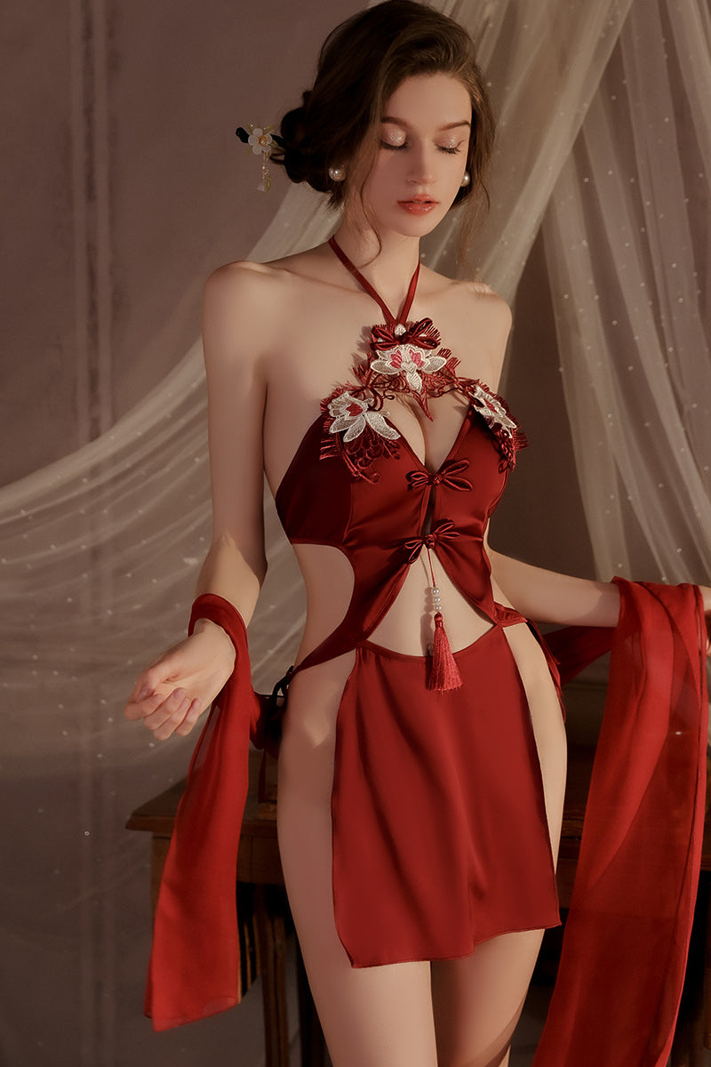 INJOY Lingerie Chinese Vintage Halter Dress – Embroidered Open-Back with Tassel Details