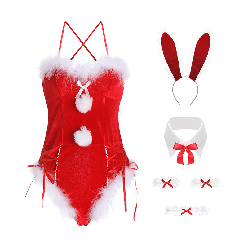 Christmas Bunny Bodysuit Set – Velvet, Feathers & Sheer Cutout