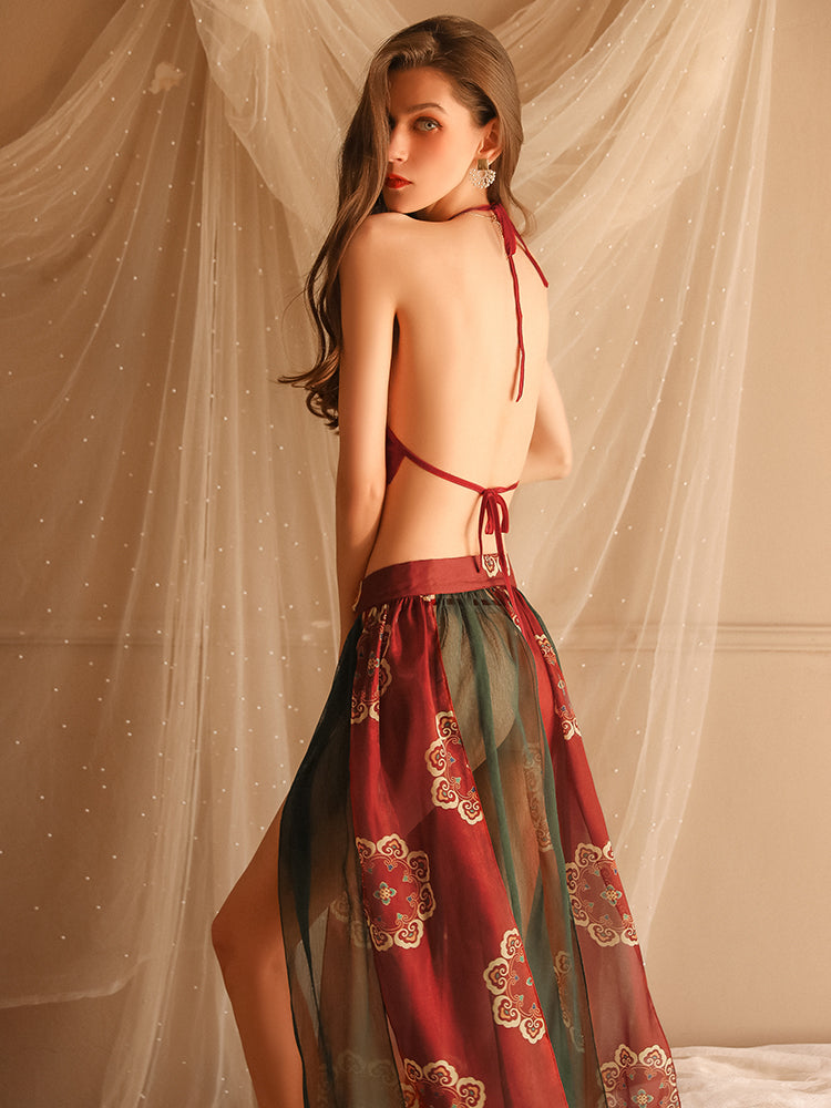 INJOY Lingerie Chinese Dancer Costume Set – Embroidered Top, Foil Skirt & Panty