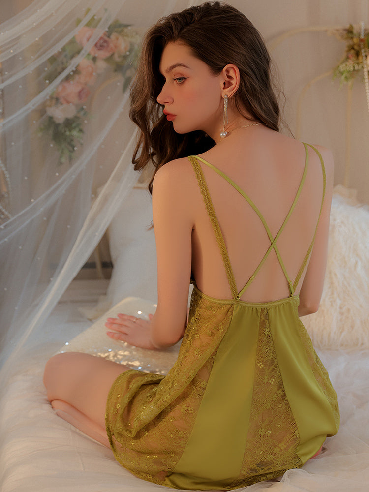 INJOY Lingerie – Lace & Satin Chemise with Front Button Closure & Built-in Pads