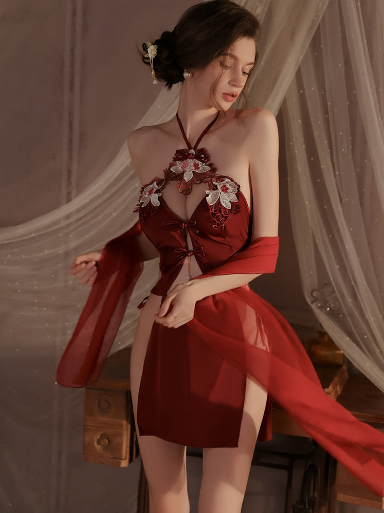 INJOY Lingerie Chinese Vintage Halter Dress – Embroidered Open-Back with Tassel Details