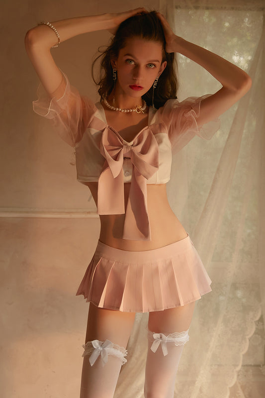 INJOY Lingerie Campus Chic Set – Pleated Mini Skirt & Bow Blouse