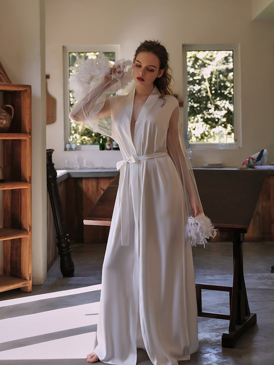 INJOY Lingerie – White Satin-Like Mesh Robe with Embroidered Feather Cuffs