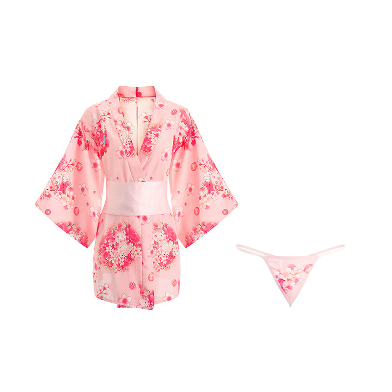 INJOY Lingerie Sakura Kimono Robe – Floral Print with Bow Obi Belt