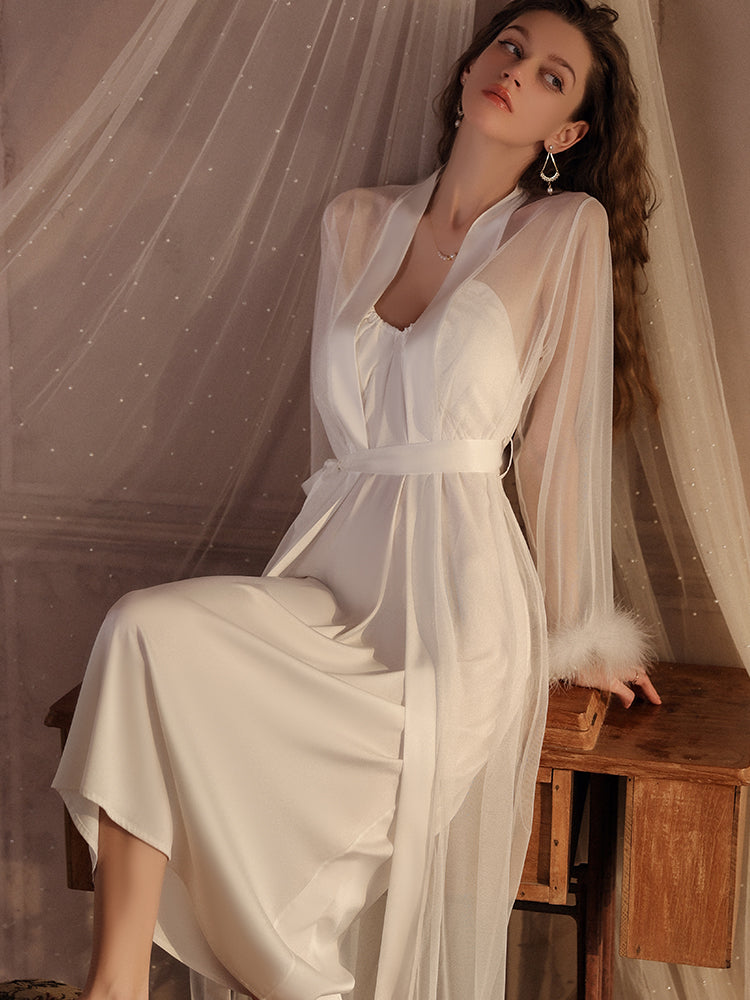 INJOY Lingerie – Sheer Long Robe with Feather Cuffs & Belt