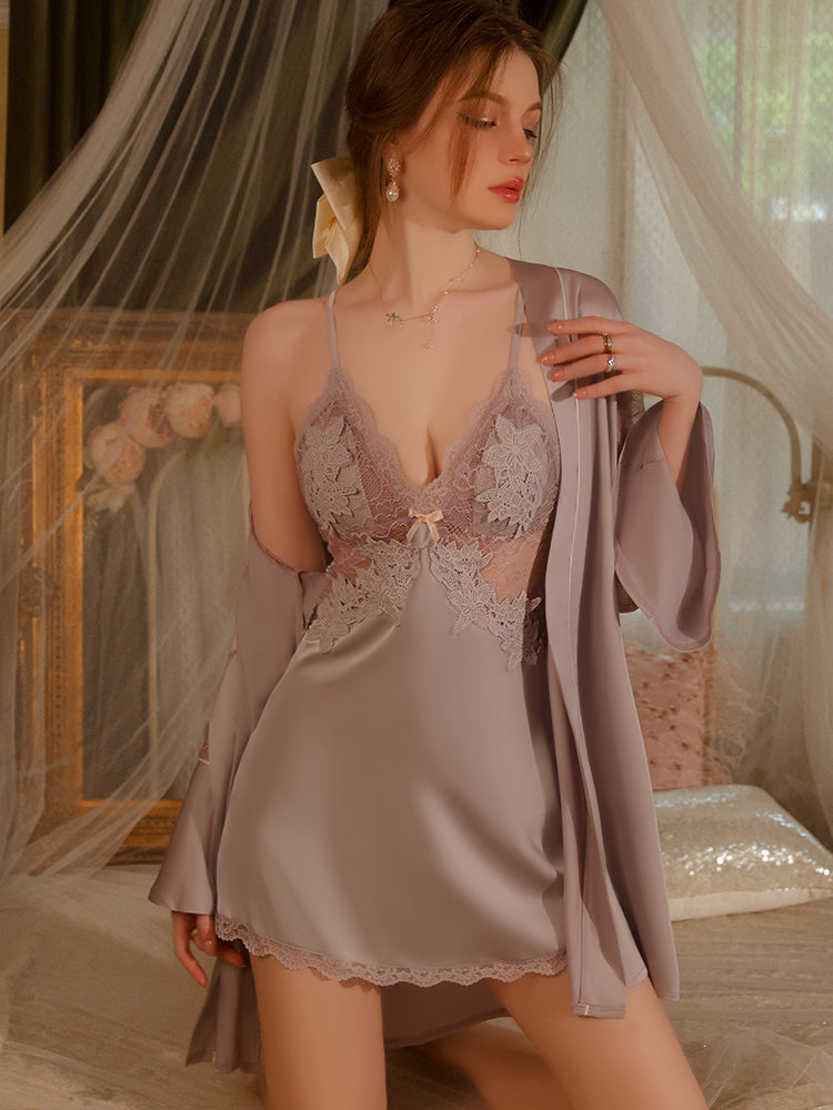 INJOY Lingerie – Satin & Lace Robe with Bell Sleeves