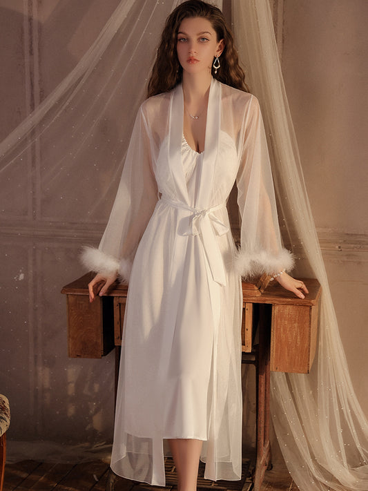 INJOY Lingerie – Sheer Long Robe with Feather Cuffs & Belt