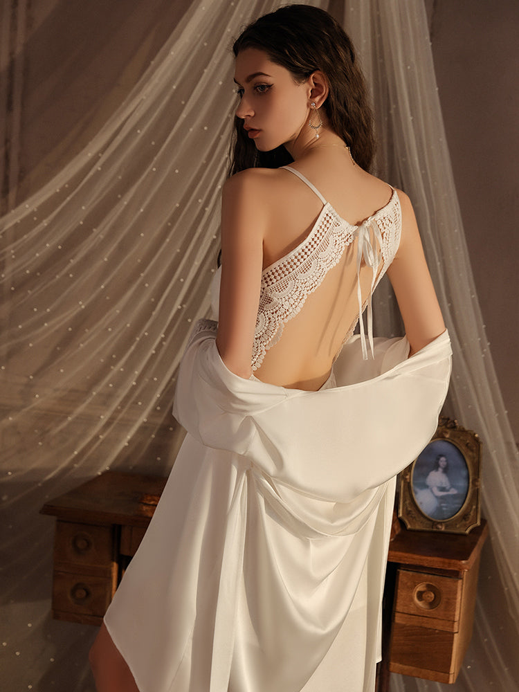 INJOY Lingerie – Deep V Ice Silk Chemise with Removable Pads & Lace-Up Back