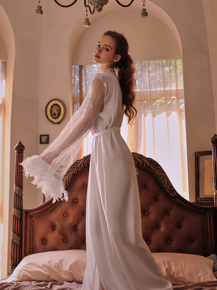 INJOY Lingerie – White Satin-Like Mesh Robe with Embroidered Feather Cuffs