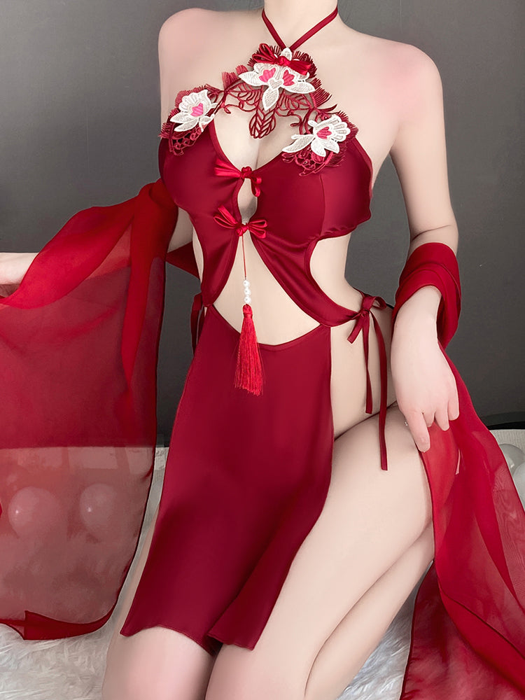 INJOY Lingerie Chinese Vintage Halter Dress – Embroidered Open-Back with Tassel Details