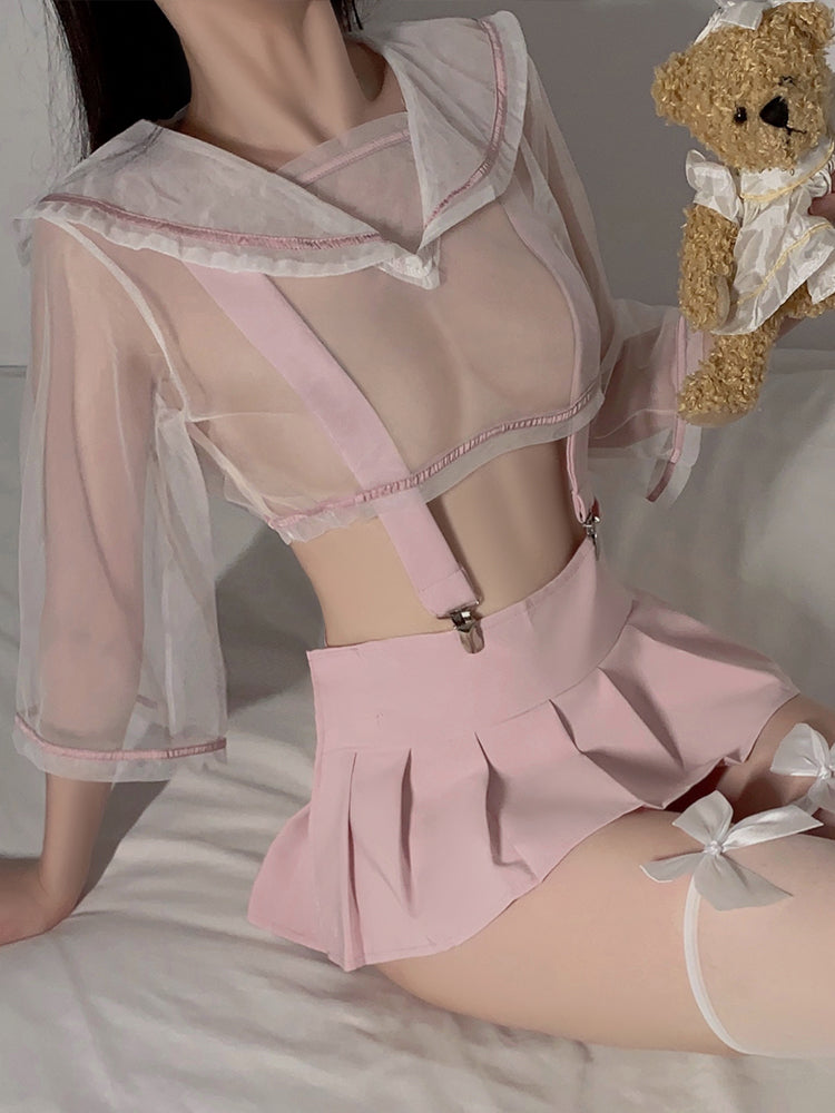 Women's Lingeire-Sweet & Cute Set: Sheer Mesh Top + Pleated Skirt with Detachable Straps