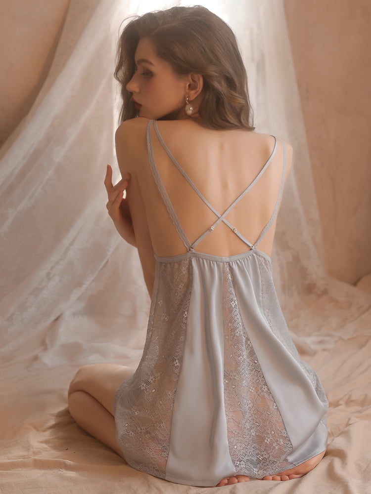 INJOY Lingerie – Lace & Satin Chemise with Front Button Closure & Built-in Pads