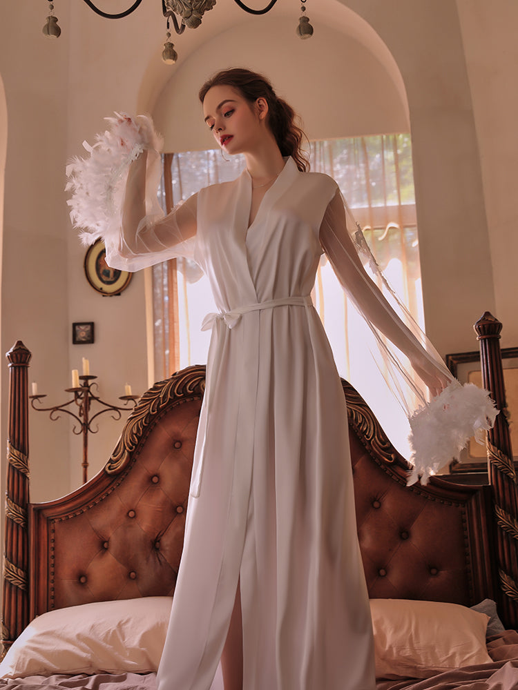 INJOY Lingerie – White Satin-Like Mesh Robe with Embroidered Feather Cuffs