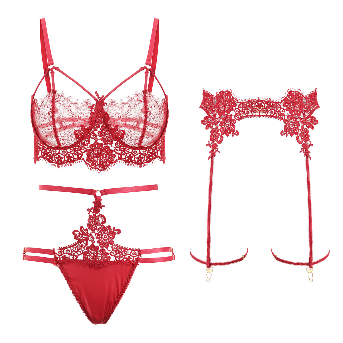 INJOY Sheer Lace Suspender Set – Triangle Top, Garters & Panty