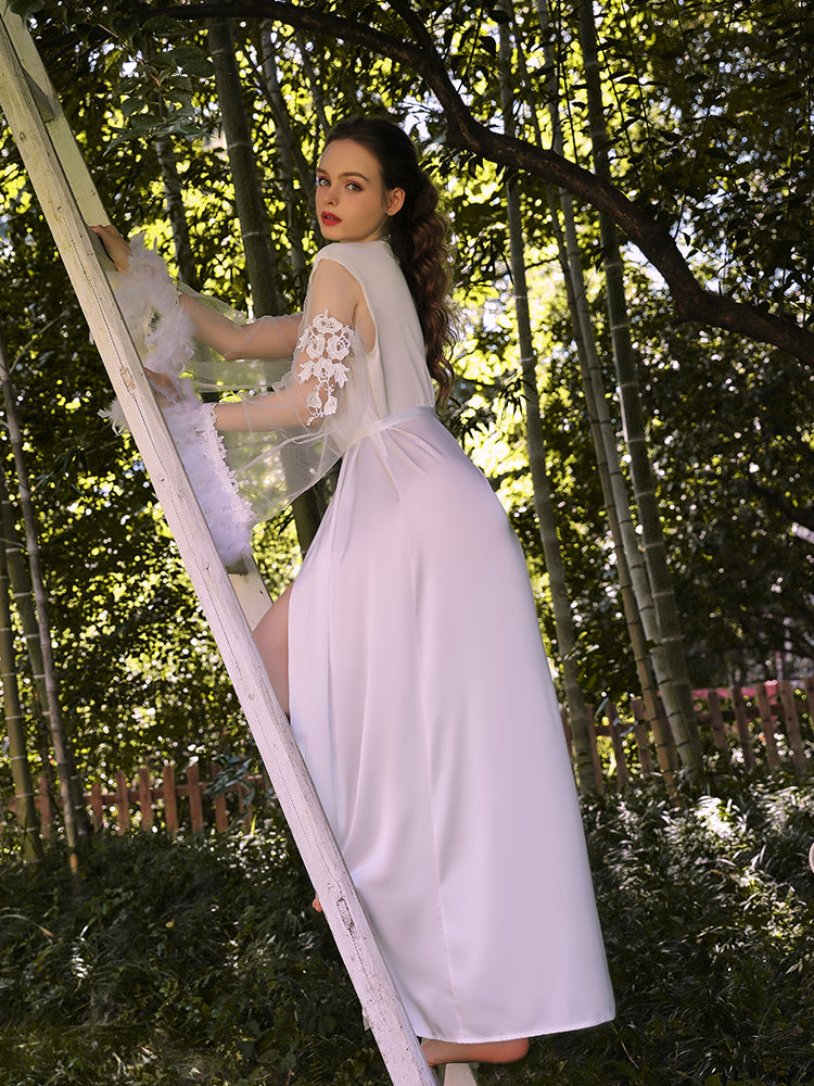 INJOY Lingerie – White Satin-Like Mesh Robe with Embroidered Feather Cuffs