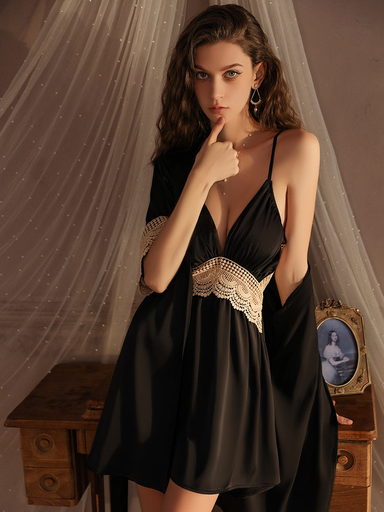 INJOY Lingerie – Satin Robe with Contrast Lace Cuffs & Detachable Belt