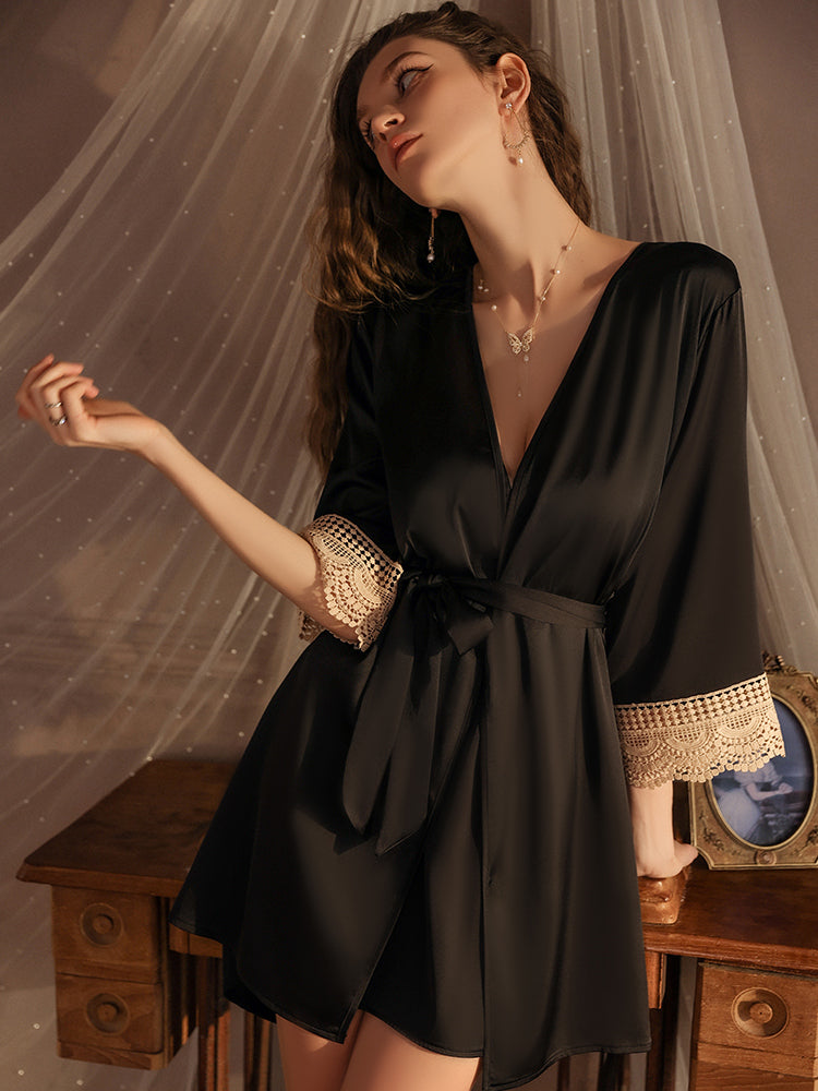 INJOY Lingerie – Satin Robe with Contrast Lace Cuffs & Detachable Belt