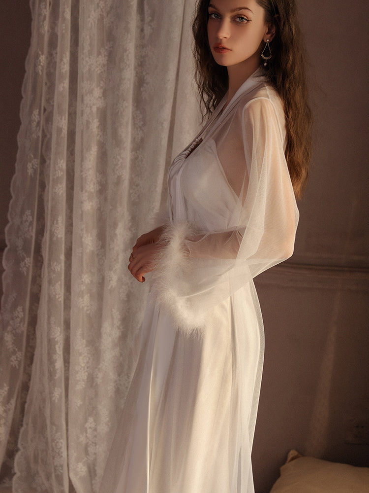 INJOY Lingerie – Sheer Long Robe with Feather Cuffs & Belt