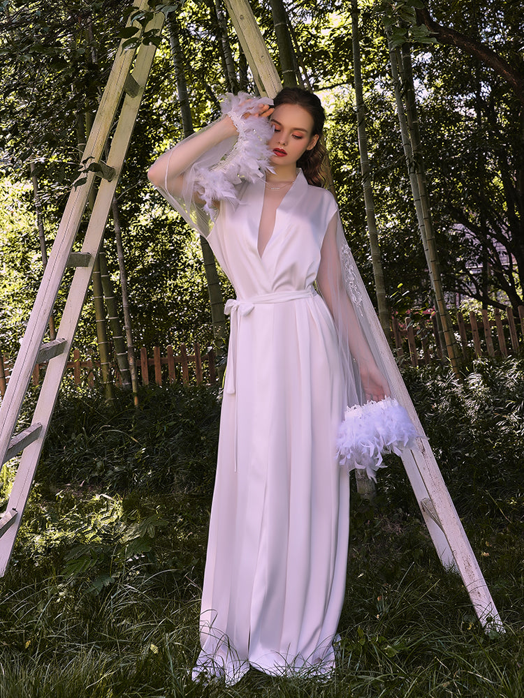 INJOY Lingerie – White Satin-Like Mesh Robe with Embroidered Feather Cuffs