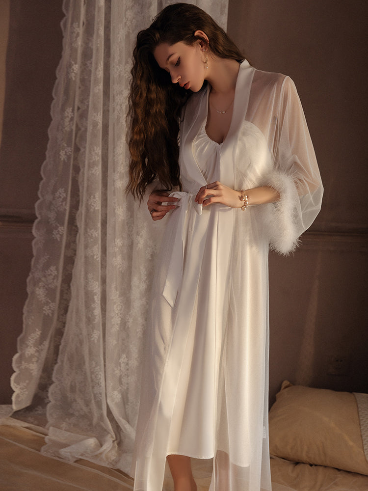 INJOY Lingerie – Sheer Long Robe with Feather Cuffs & Belt