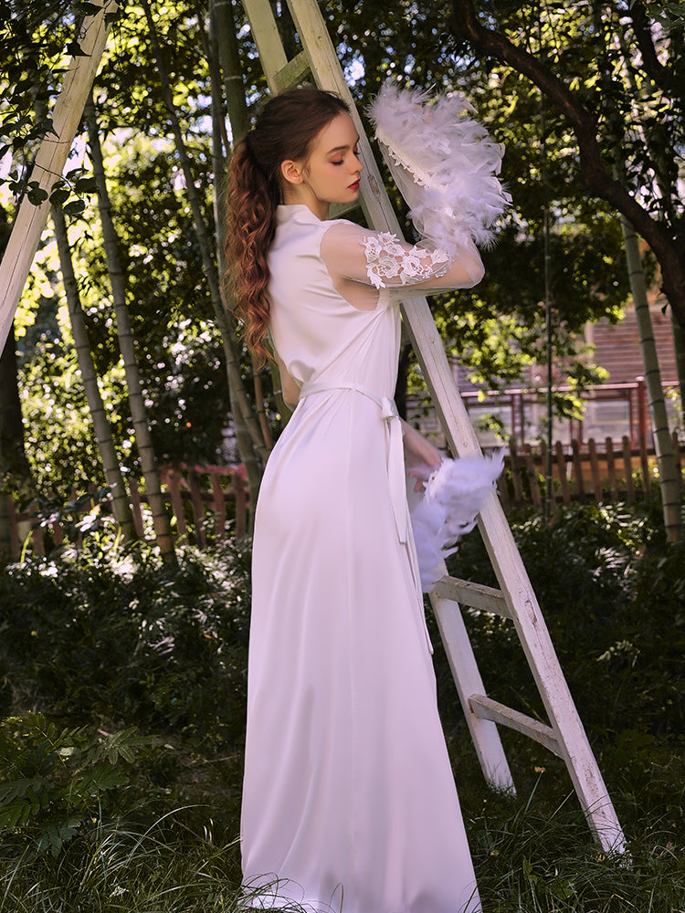 INJOY Lingerie – White Satin-Like Mesh Robe with Embroidered Feather Cuffs