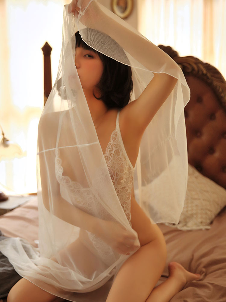 INJOY Lingerie Deep-V Lace Bodysuit Set with Sheer Wrap Skirt