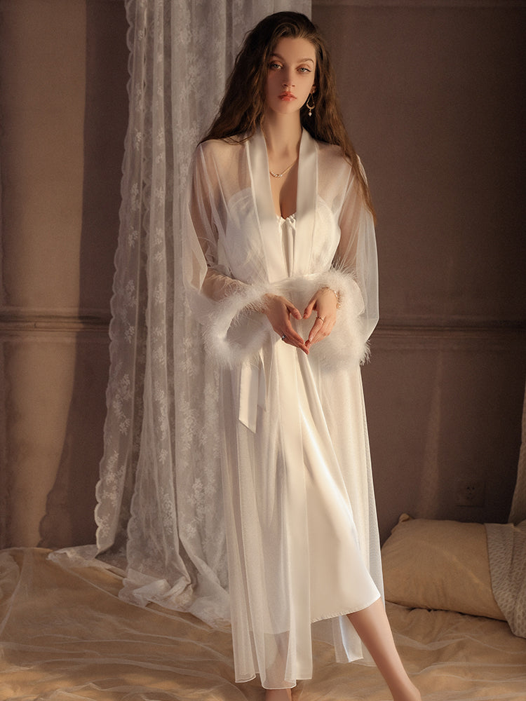 INJOY Lingerie – Sheer Long Robe with Feather Cuffs & Belt