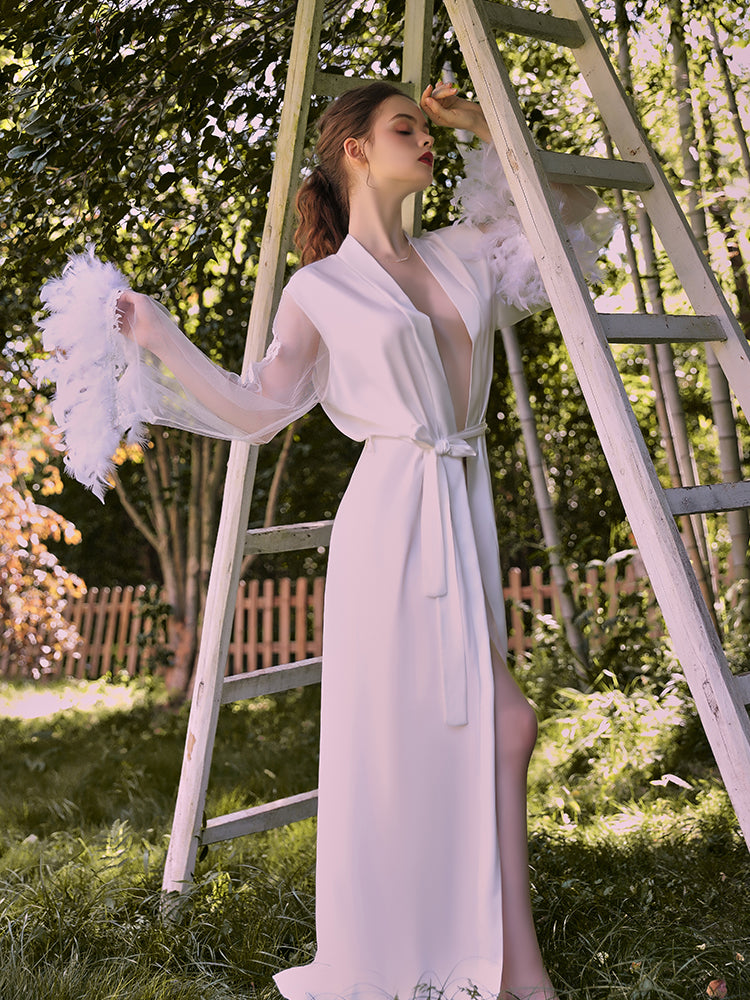 INJOY Lingerie – White Satin-Like Mesh Robe with Embroidered Feather Cuffs