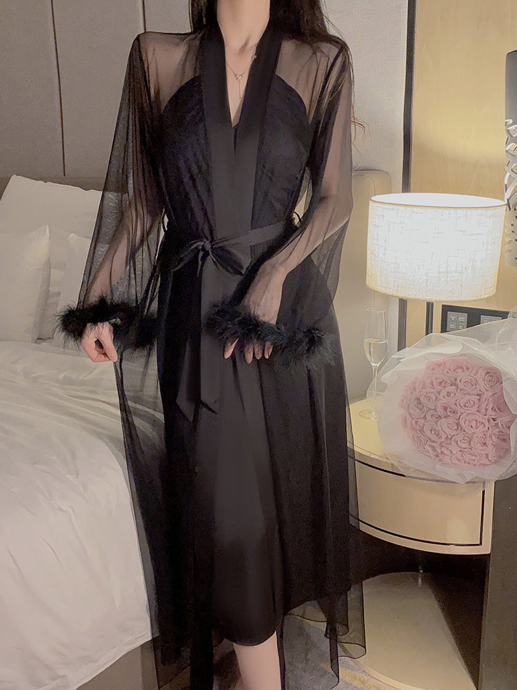 INJOY Lingerie – Sheer Long Robe with Feather Cuffs & Belt