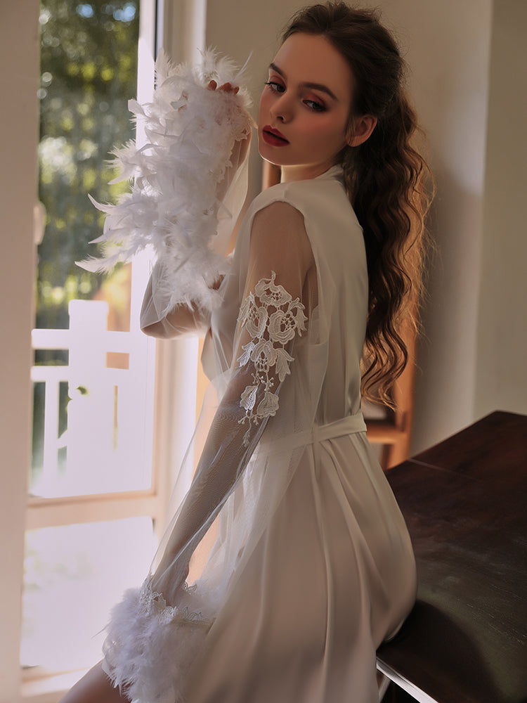 INJOY Lingerie – White Satin-Like Mesh Robe with Embroidered Feather Cuffs