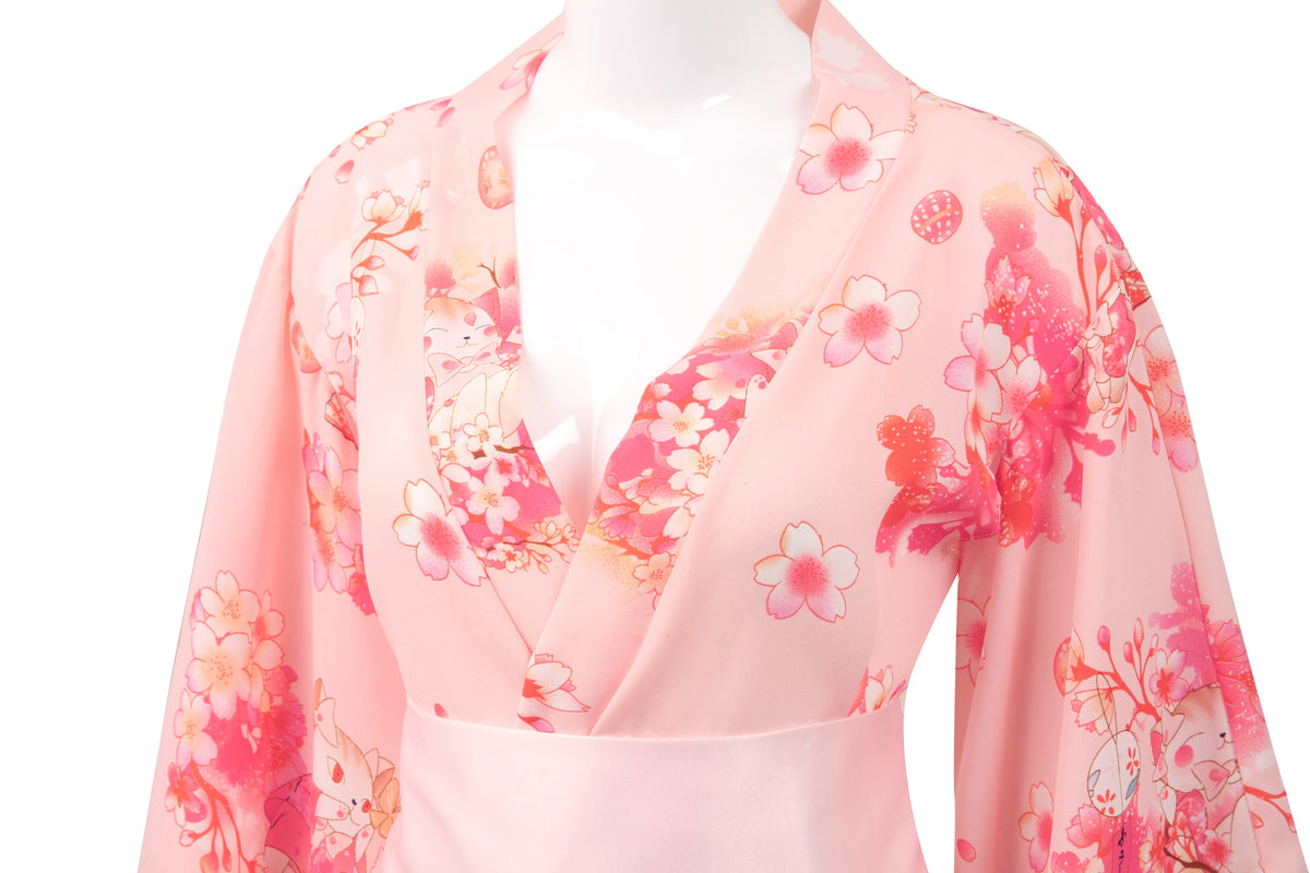 INJOY Lingerie Sakura Kimono Robe – Floral Print with Bow Obi Belt