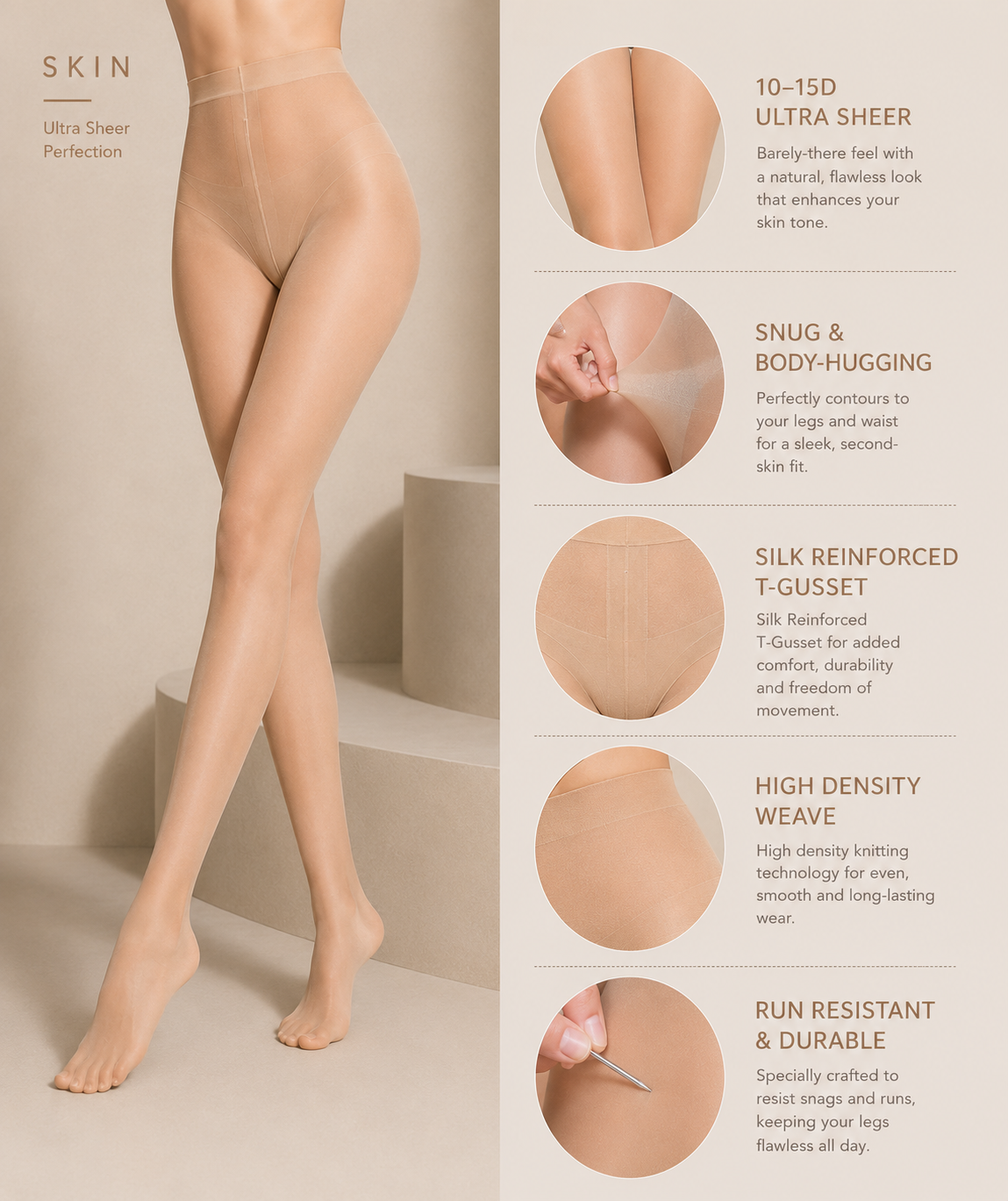 INJOY Ultra Sheer 10–15D Tights for Women | Reinforced Silk T-Gusset | 4 Colors