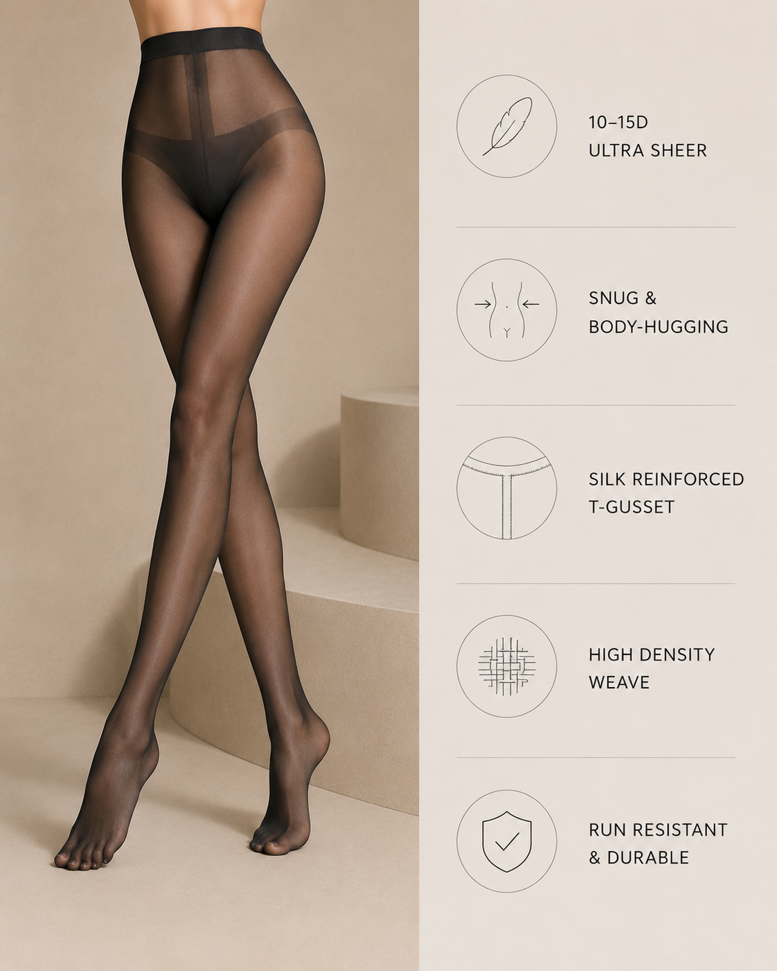 INJOY Ultra Sheer 10–15D Tights for Women | Reinforced Silk T-Gusset | 4 Colors