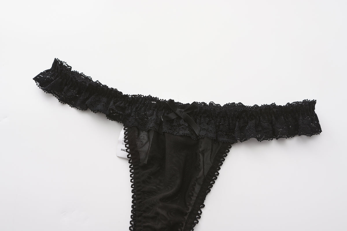 INJOY Lingerie Low-Rise Sheer Mesh Thong – Stretch Lace with Playful Pom-Poms