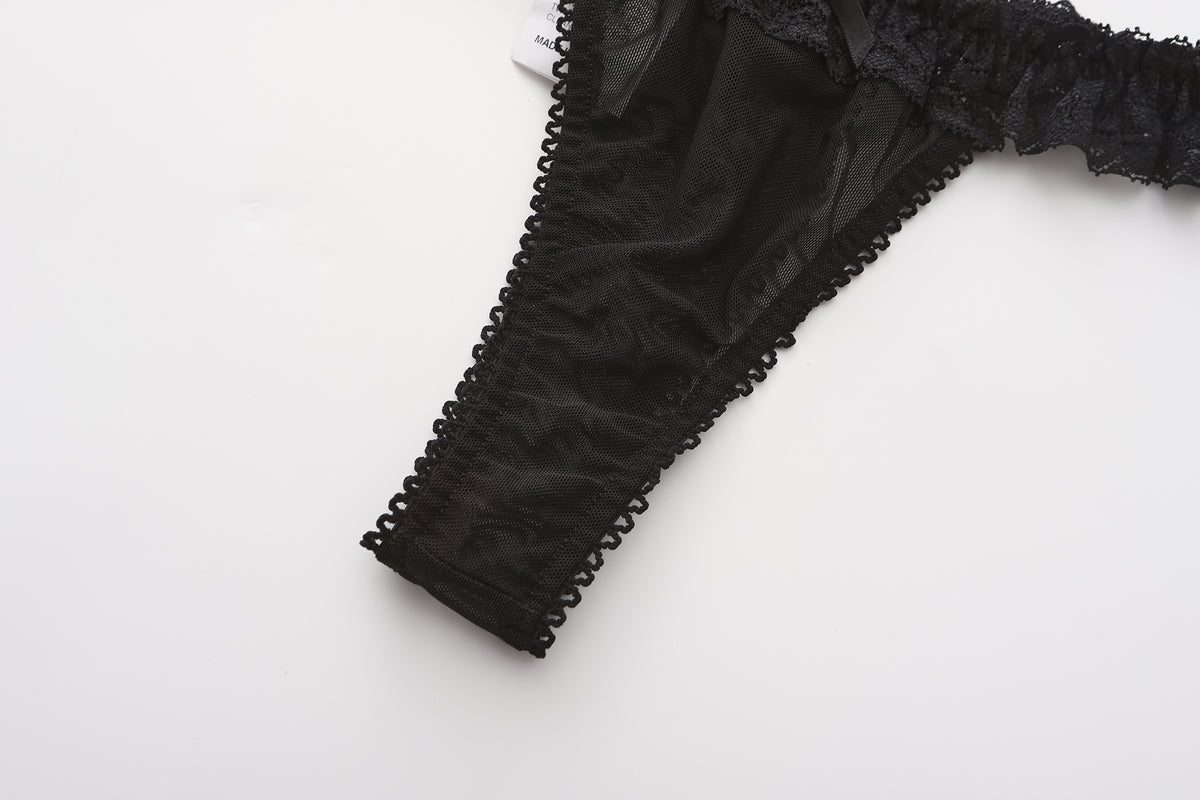INJOY Lingerie Low-Rise Sheer Mesh Thong – Stretch Lace with Playful Pom-Poms
