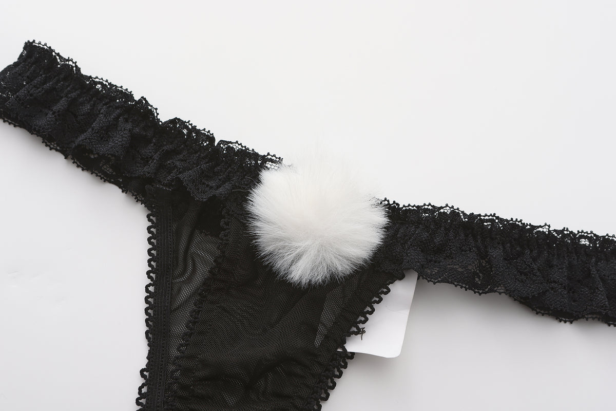 INJOY Lingerie Low-Rise Sheer Mesh Thong – Stretch Lace with Playful Pom-Poms