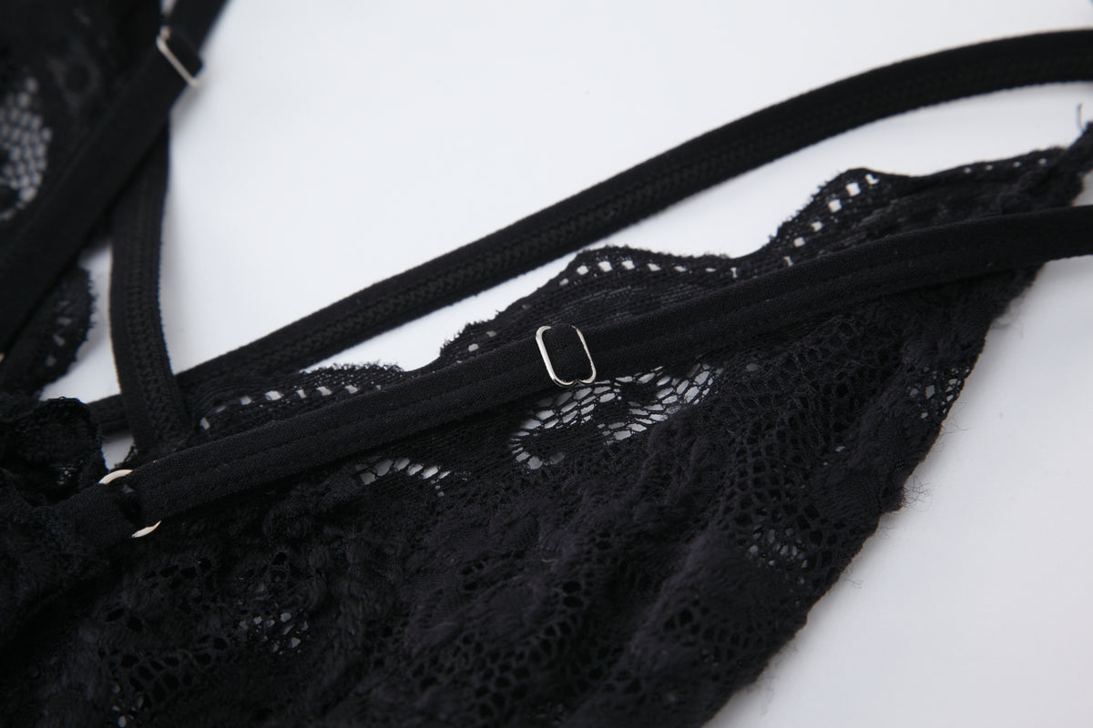 INJOY Lingerie Deep V Lace Chemise with Fringe Details & Open-Back Straps