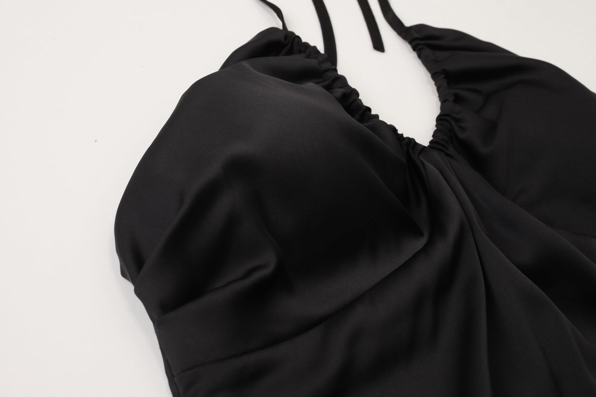INJOY Lingerie – Drawstring Halter Satin Long Chemise with Removable Pads
