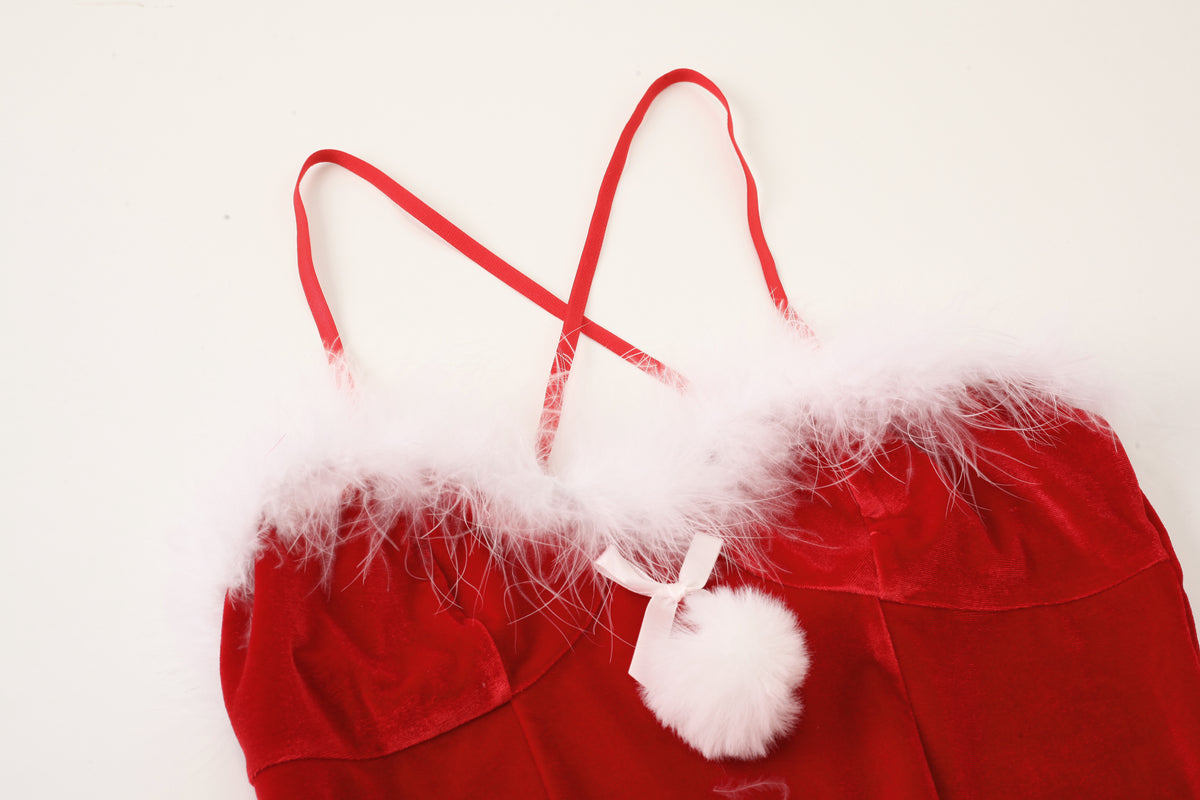 Christmas Bunny Bodysuit Set – Velvet, Feathers & Sheer Cutout