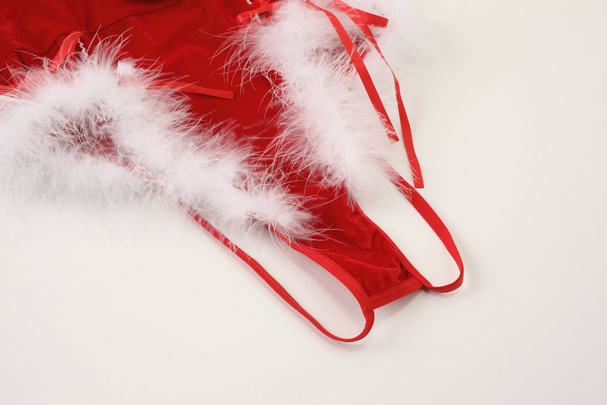 Christmas Bunny Bodysuit Set – Velvet, Feathers & Sheer Cutout