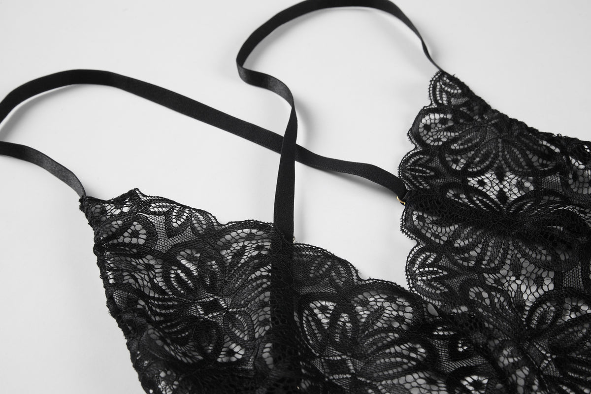 INJOY Lingerie Deep-V Lace Bodysuit Set with Sheer Wrap Skirt