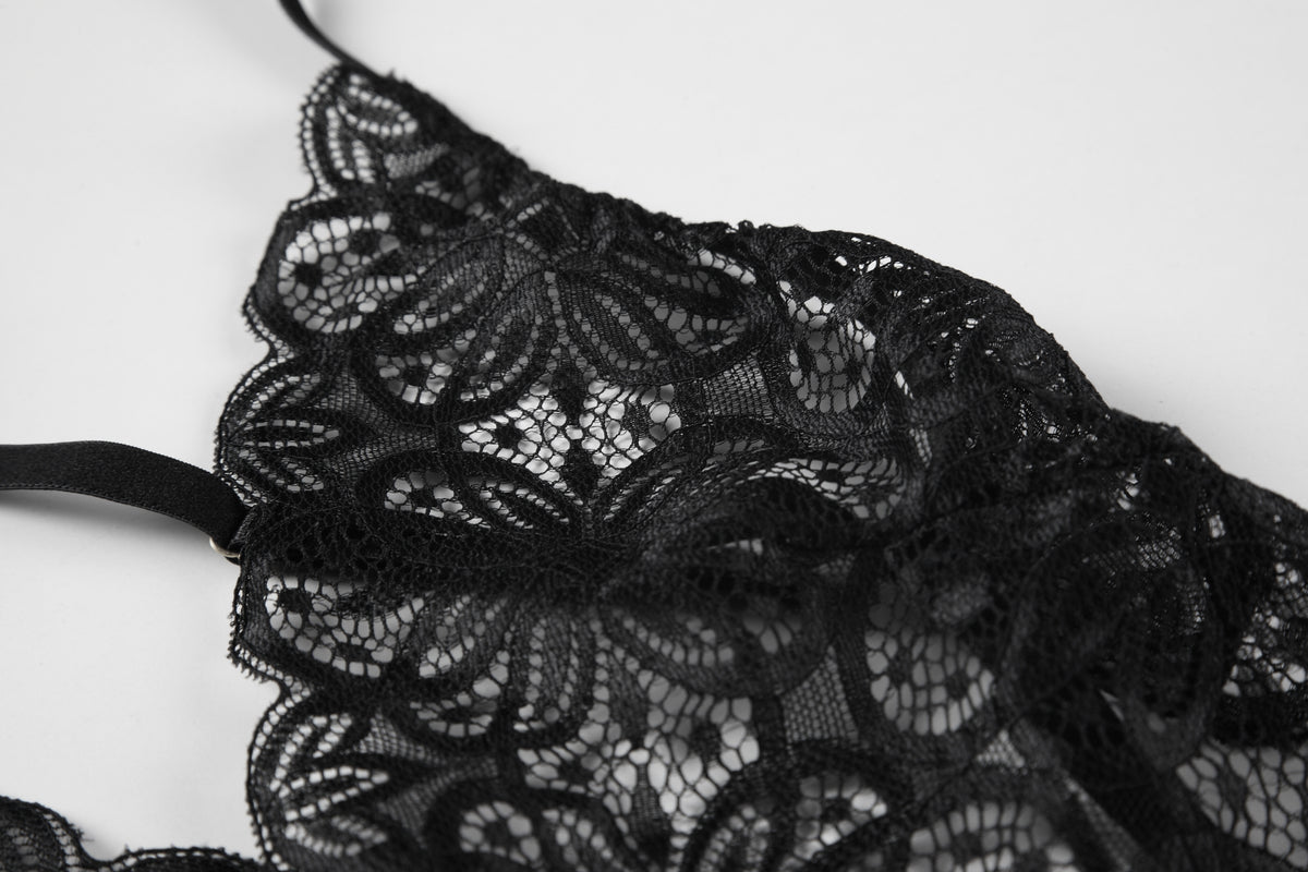 INJOY Lingerie Deep-V Lace Bodysuit Set with Sheer Wrap Skirt