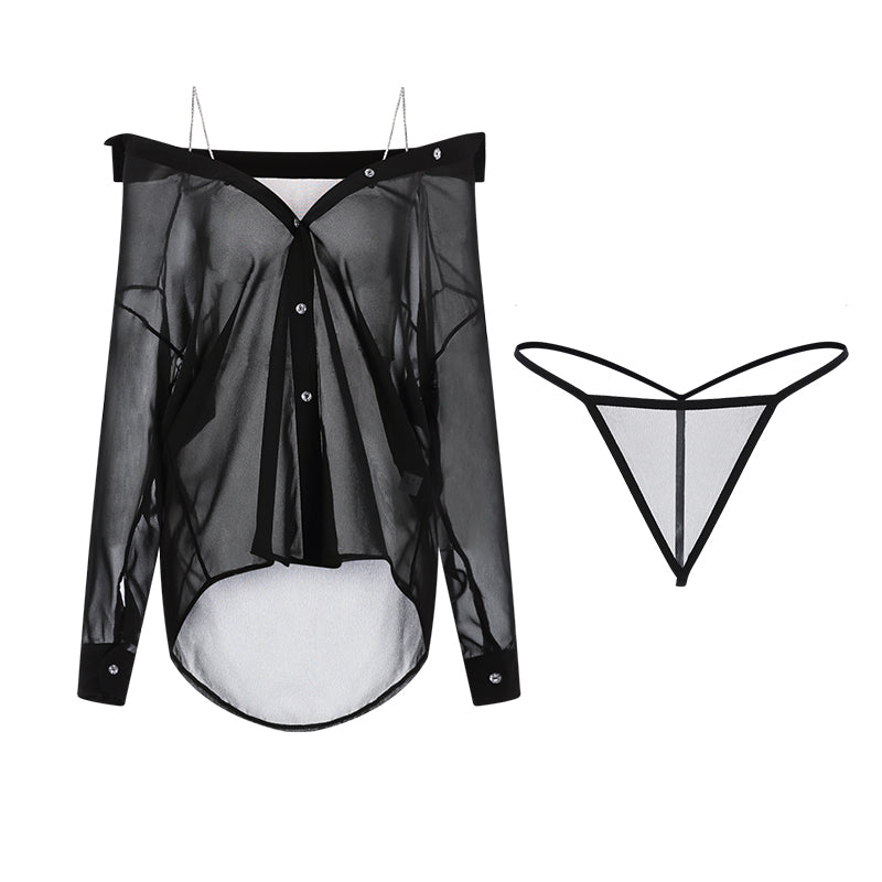 Women's Lingerie-Sheer Seduction: Oversized Boyfriend Shirt Lingerie Set with Bedazzled Chains