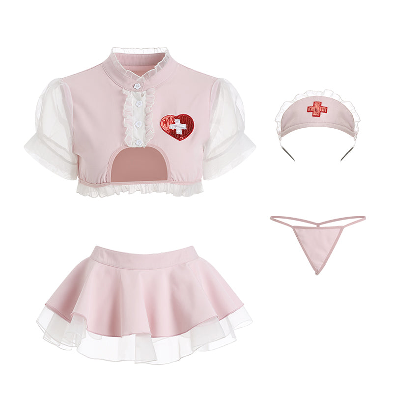 INJOY Lingerie Nurse Costume Set – Cutout Crop Top & Tiered Mini Skirt