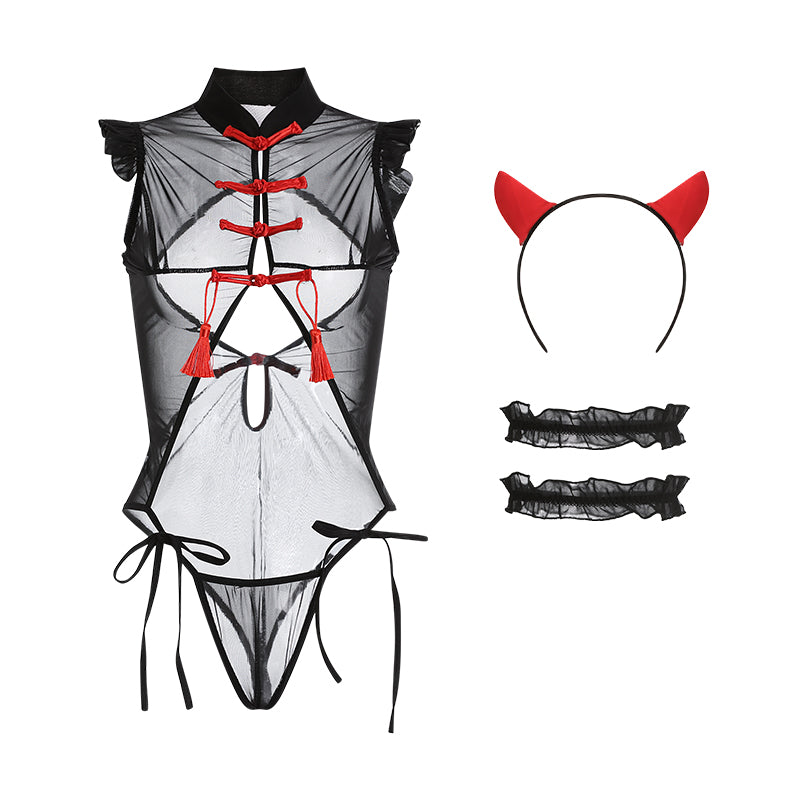 INJOY Lingerie Little Devil Mesh Bodysuit – Vintage Frog Buttons & Cutouts