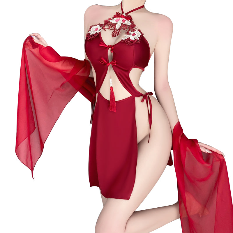 INJOY Lingerie Chinese Vintage Halter Dress – Embroidered Open-Back with Tassel Details